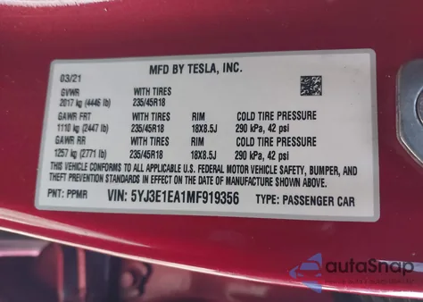 2021 Tesla Model 3 Standard Range Plus Rear-Wheel Drive from USA, damaged, VIN 5YJ3E1EA1MF919356